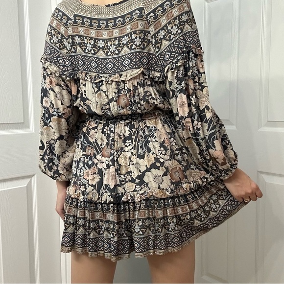 Spell Mini Dress Long Sleeve Boho Gray Floral Playdress Hippie Desert Size Small - Picture 4 of 9